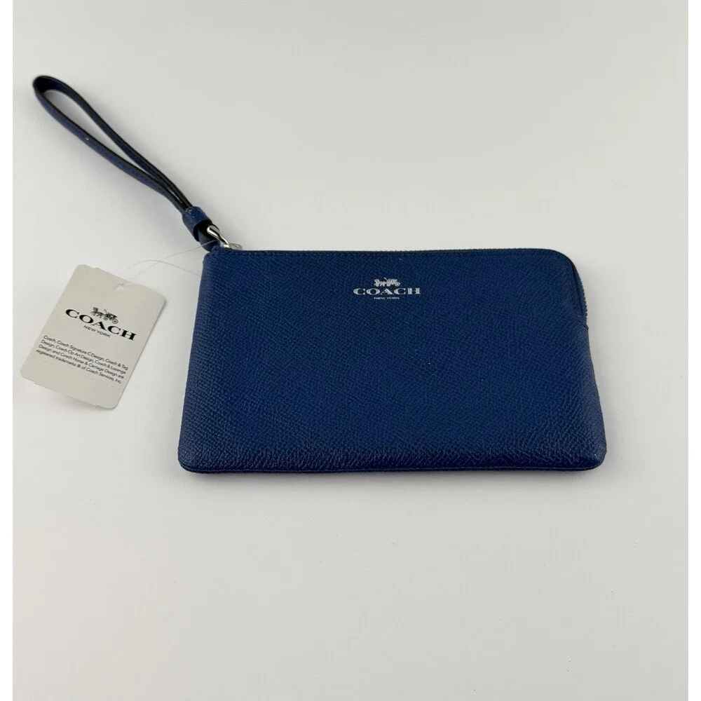 COACH Midnight Blue Leather Corner Zip Wristlet Wallet w/ Strap Logo *NWT* $75